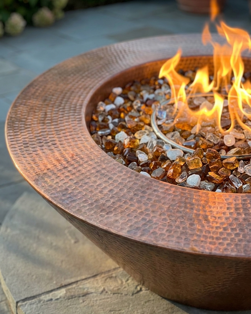 A hammered copper fire pit bowl with a wide rim, filled with amber and clear glass stones and lit with bright orange flames, set outdoors on a stone patio.