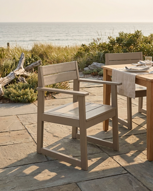 Outdoor dining table with chairs on a stone patio by the sea.