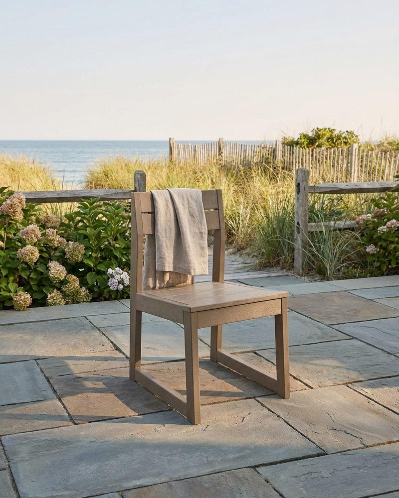 chair with a towel draped over it on a stone patio with a beach view.