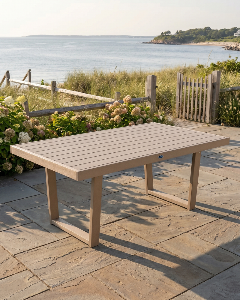 Outdoor table on a stone patio with a scenic ocean view.