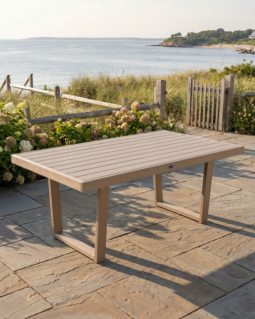 Outdoor table on a stone patio with a scenic ocean view.