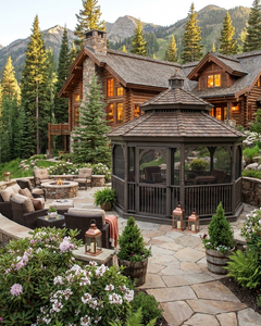 Wooden octagon gazebo on a stone patio near a log cabin in the mountains.