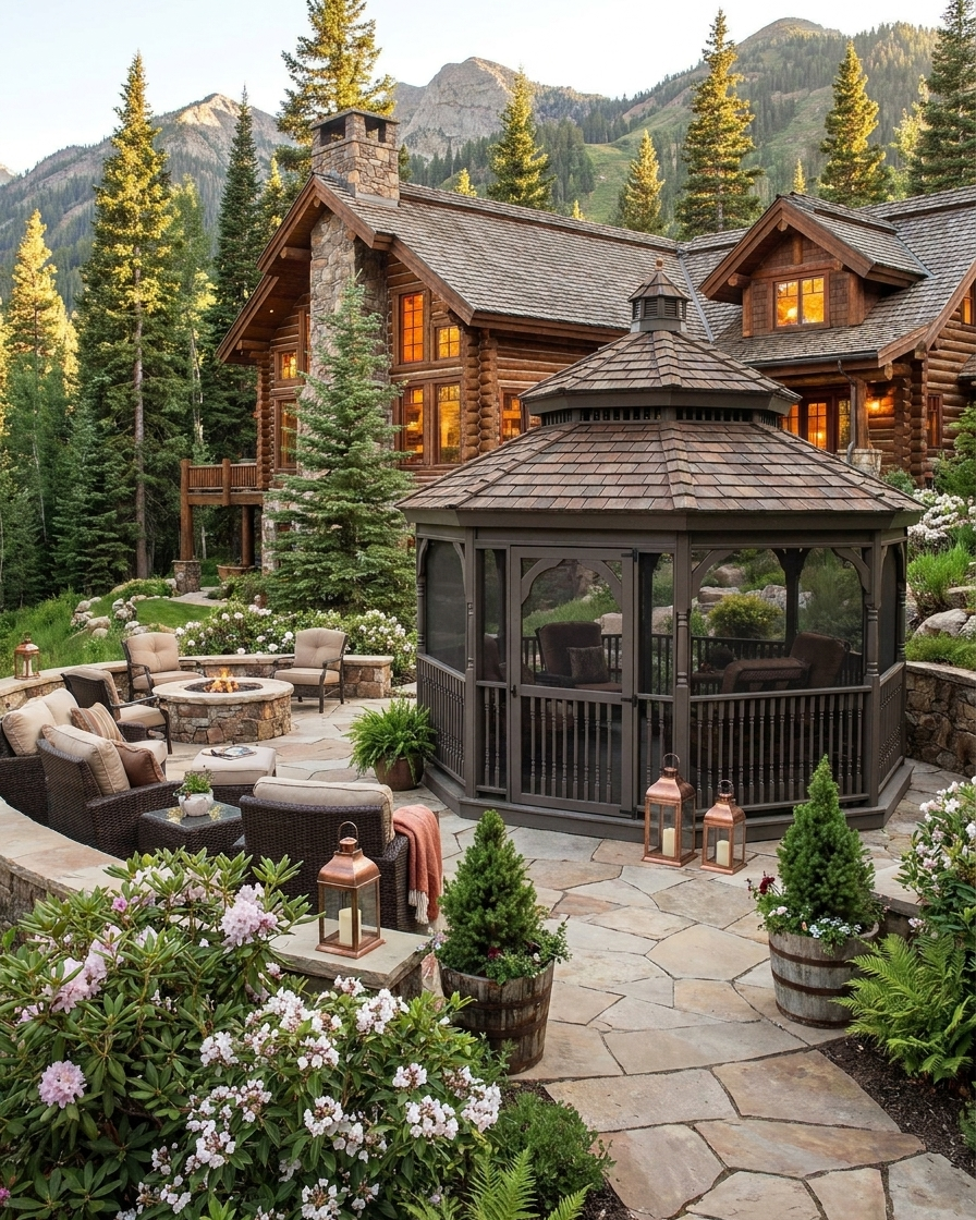Wooden octagon gazebo on a stone patio near a log cabin in the mountains.