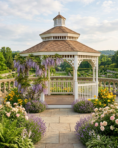 Octagon painted white in garden with wisteria on it.  