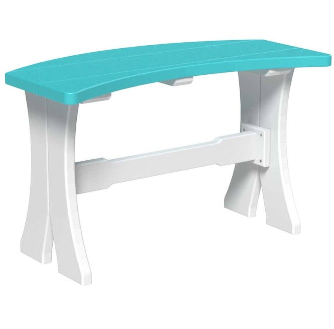A curved outdoor bench with a turquoise blue seat and white legs, shown against a plain white background.