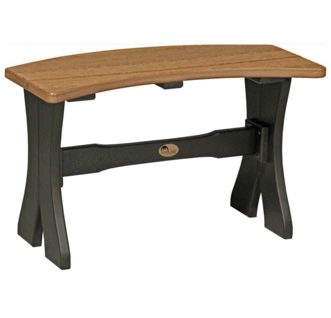 A curved bench with a medium brown wood-grain seat and a black frame with a central support bar and a small oval brand plaque.