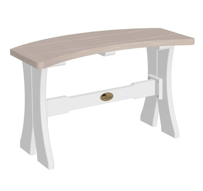 A curved outdoor bench with a light beige wood-look seat and white legs, featuring a central safety guard with a small oval brand badge.