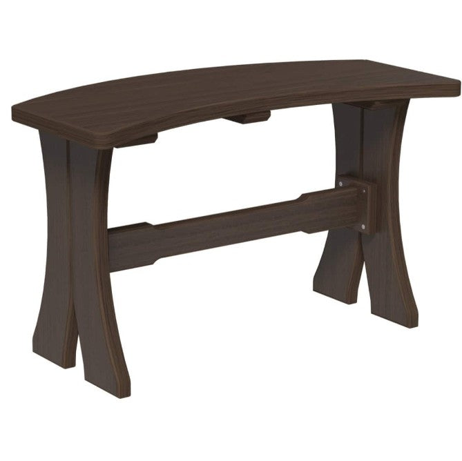 A dark brown bench with a curved backrest and a sturdy A-frame base, shown against a plain white background.