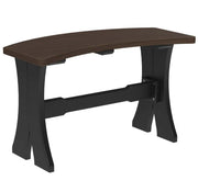 A curved wooden dining bench with a dark brown wood-grain top and a black metal frame with cross-shaped legs, shown on a plain white background.