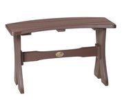 A brown bench with a curved seat and four legs, shown against a plain white background.
