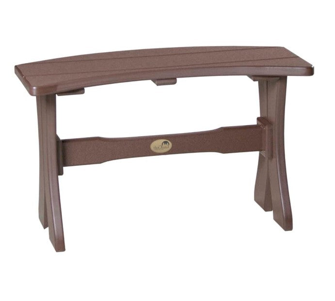 A brown bench with a curved seat and four legs, shown against a plain white background.