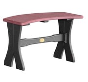A curved outdoor bench with a reddish-brown seat and a dark gray support frame, shown on a plain white background.