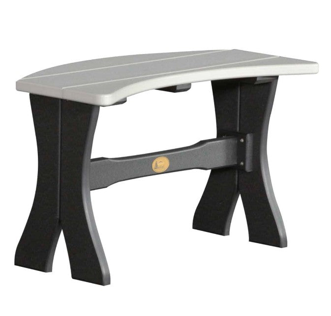 A curved outdoor bench with a light gray slatted seat and a black frame with a small gold brand emblem on the center support, shown on a plain white background.