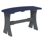 A curved outdoor bench with a dark navy blue seat and gray legs, isolated on a white background.