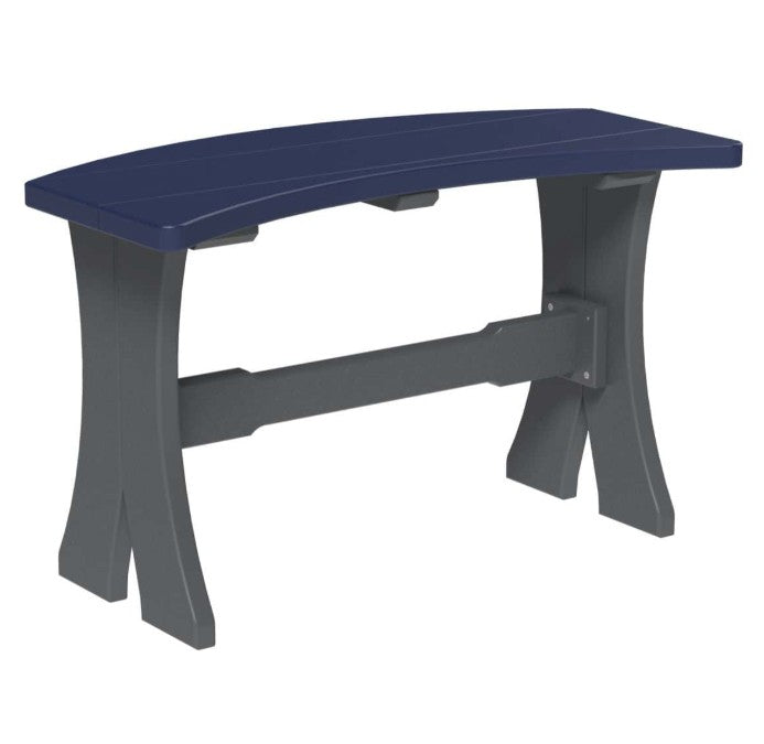A curved outdoor bench with a dark navy blue seat and gray legs, isolated on a white background.