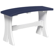 A curved outdoor bench with a dark navy blue seat and white legs, shown against a plain white background.