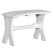 A white outdoor bench with a curved slatted seat and curved legs, isolated on a white background.