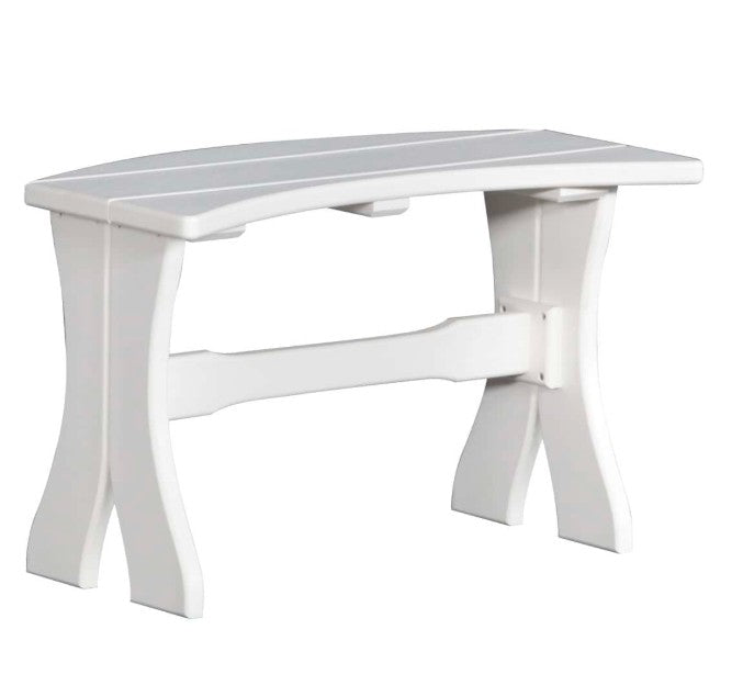 A white outdoor bench with a curved slatted seat and curved legs, isolated on a white background.