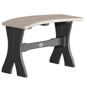 A curved outdoor bench with a light beige seat and dark gray legs and support beam, shown on a plain white background.