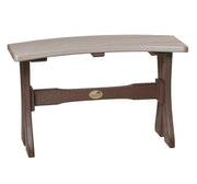 A curved outdoor bench with a light beige seat and a dark brown plastic frame, featuring a central support bar with a small oval brand plaque.