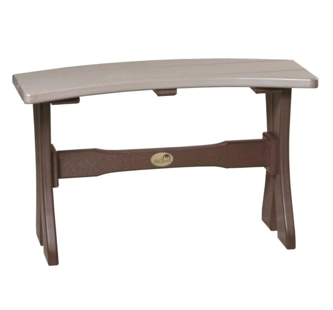 A curved outdoor bench with a light beige seat and a dark brown plastic frame, featuring a central support bar with a small oval brand plaque.