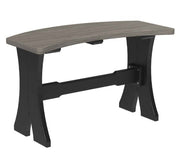 A curved bench with a gray wood-grain top and a black metal frame with A-shaped legs, shown on a plain white background.