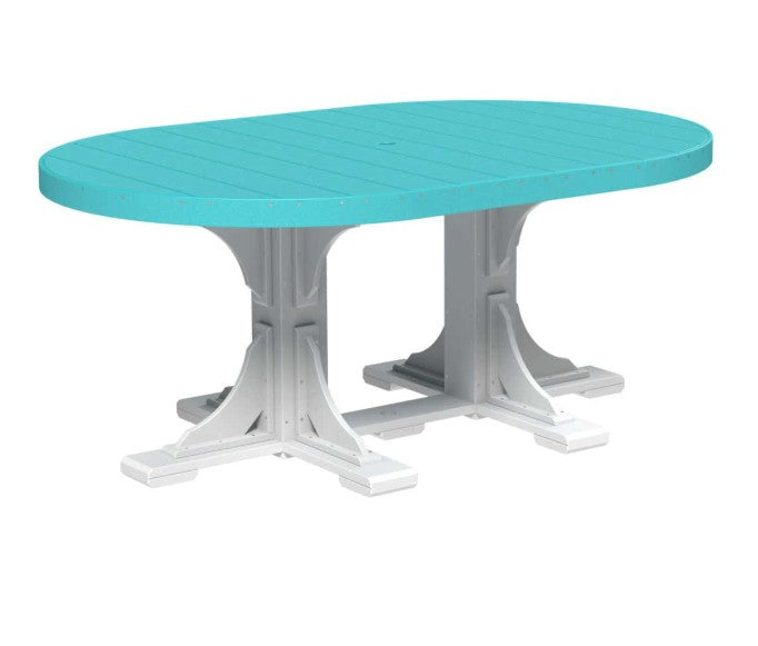 An oval outdoor dining table with a turquoise blue slatted top and a white pedestal base, shown on a plain white background.