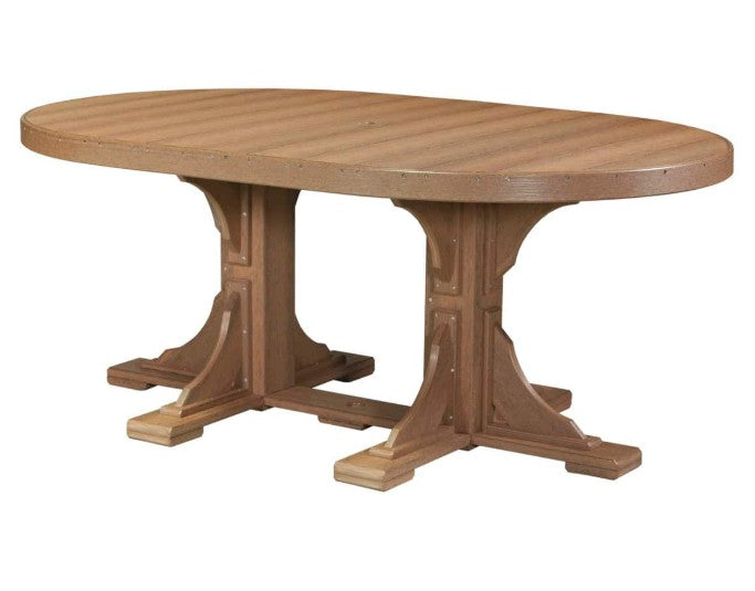 An oval dining table with a trestle base, shown against a plain white background.