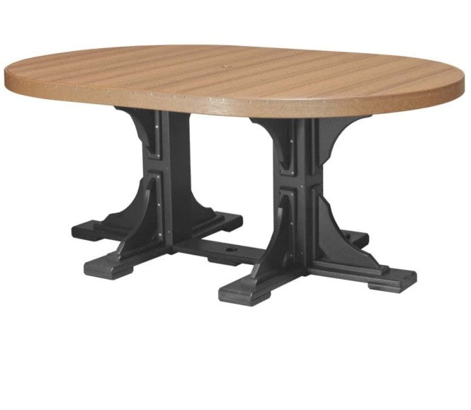 An oval dining table with a light brown wood-look top and a black base, shown on a plain white background.