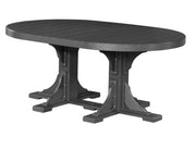An oval outdoor dining table with a balck slatted top and a matching trestle-style pedestal base, shown on a plain white background.