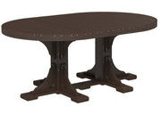 An oval dining table with a dark brown wood-look top and matching dark brown trestle-style pedestal legs, shown on a plain white background.