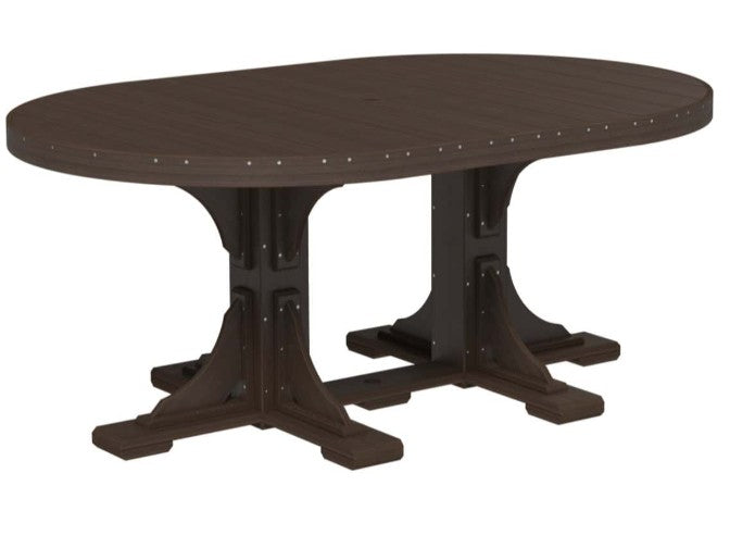 An oval dining table with a dark brown wood-look top and matching dark brown trestle-style pedestal legs, shown on a plain white background.