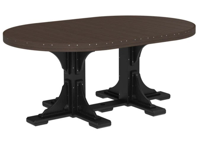 An oval dining table with a dark brown wood-look top and a black trestle-style base, shown on a plain white background.