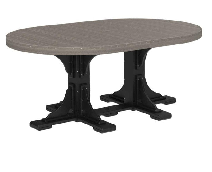 An oval dining table with a gray wood-look top and a black pedestal base, shown on a plain white background.