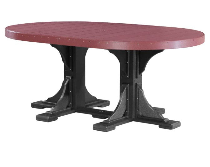An oval outdoor dining table with a reddish-brown slatted top and a black trestle-style base, shown on a plain white background.
