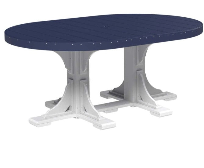 An oval outdoor dining table with a dark navy blue slatted top and a white trestle-style pedestal base, shown on a plain white background.