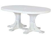 A white oval outdoor dining table with a slatted top and a sturdy pedestal base, shown against a plain white background.