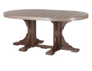 An oval outdoor dining table with a light taupe slatted top and a dark brown trestle-style pedestal base, shown on a plain white background.