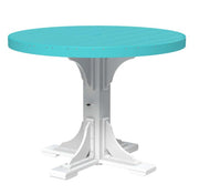 A round outdoor dining table with a turquoise blue top and a white pedestal base, shown on a plain white background.