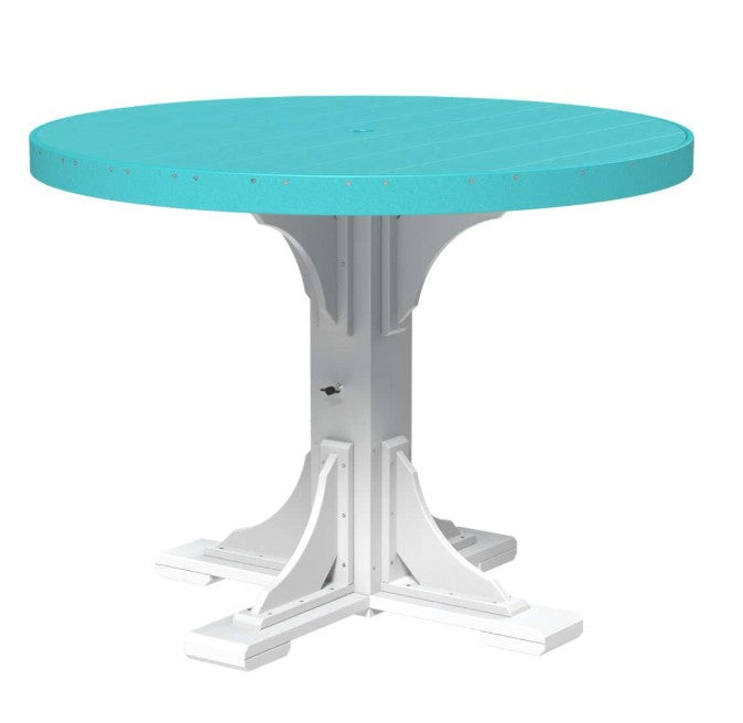 A round outdoor dining table with a turquoise blue top and a white pedestal base, shown on a plain white background.