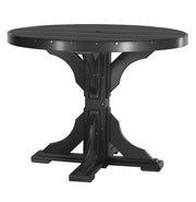 A round black outdoor pedestal table with a slatted top and a sturdy, decorative three-legged base, shown against a plain white background.