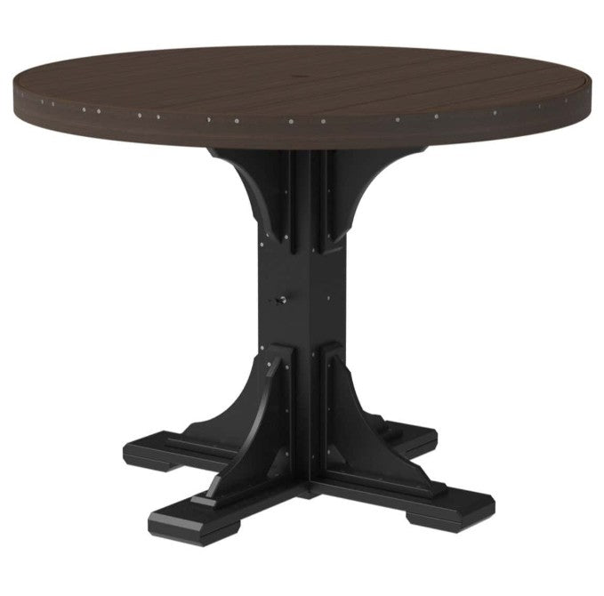 A round outdoor dining table with a dark brown wood-look top and a black pedestal base, shown on a plain white background.