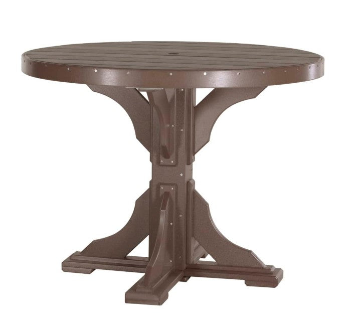 A round outdoor dining table with a trestle-style pedestal base, finished in a dark brown color, shown against a plain white background.