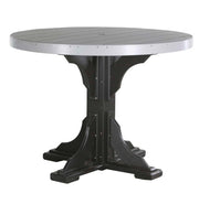 A round outdoor dining table with a light gray slatted top and a black pedestal base, shown on a plain white background.