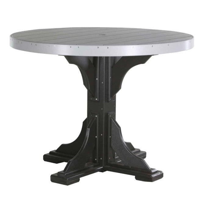 A round outdoor dining table with a light gray slatted top and a black pedestal base, shown on a plain white background.