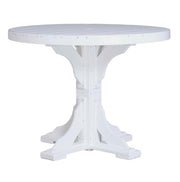 A white round outdoor dining table with a slatted top and a sturdy pedestal base, shown against a plain white background.