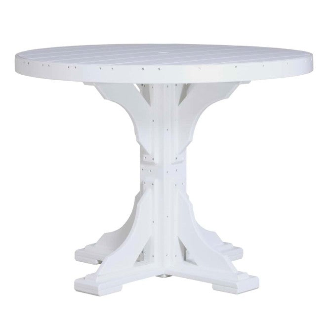 A white round outdoor dining table with a slatted top and a sturdy pedestal base, shown against a plain white background.