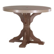 A round outdoor pedestal table made of brown composite lumber, featuring a slatted top and a sturdy multi-point base, shown against a plain white background.