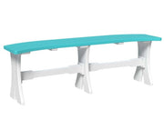 A modern outdoor bench with a turquoise blue seat and a white frame, shown against a plain white background.