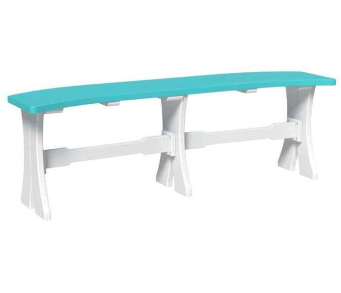 A modern outdoor bench with a turquoise blue seat and a white frame, shown against a plain white background.